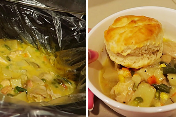 Make crockpot chicken pot pie for dinner in a slow cooker with canned biscuits