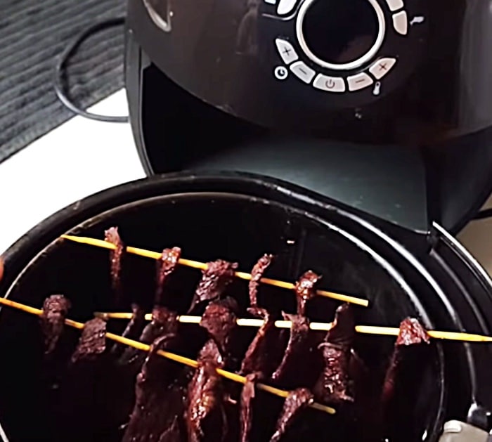 Recipe for Beef Jerky Pinterest Pin and Video Tutorial YouTube - Make Air Fryer Beef Jerky with a soy sauce marinade