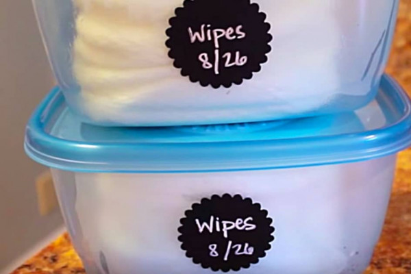 Make Baby Wipes from a cut roll of paper towels and distilled water with baby shampoo and oil