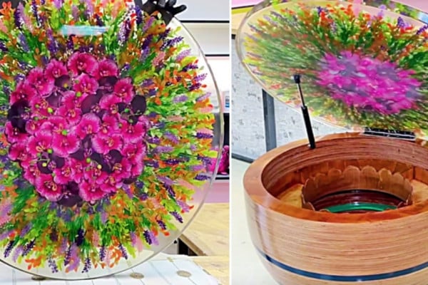 Coolest project ever an epoxy resin flower table that has a pop up top and turns into a bar