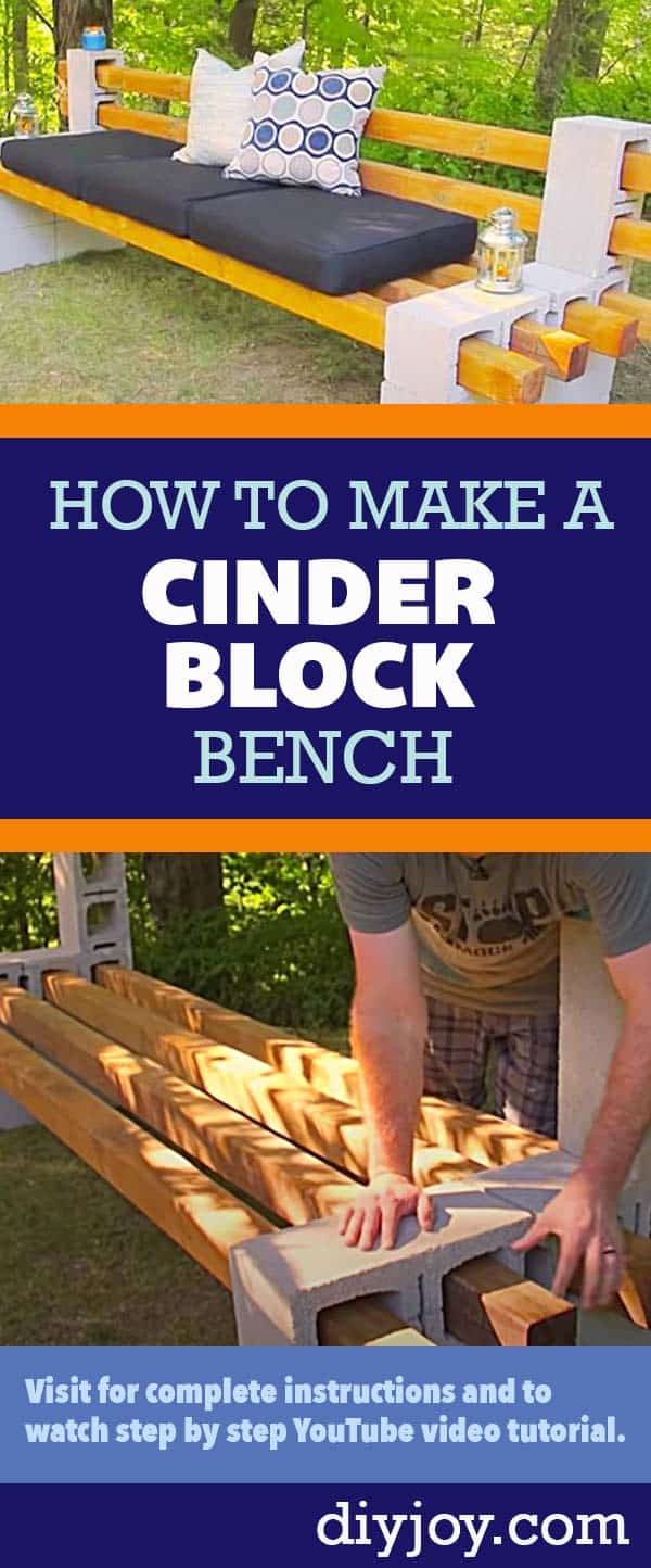 Cheap DIY Ideas for the Backyard - DYI How to Make a Cinder Block Bench - Inexpensive Home Improvement Ideas for the Outdoors and Yard, Patio, Porch - step by Step YouTube Tutorial Pin on Pinterest