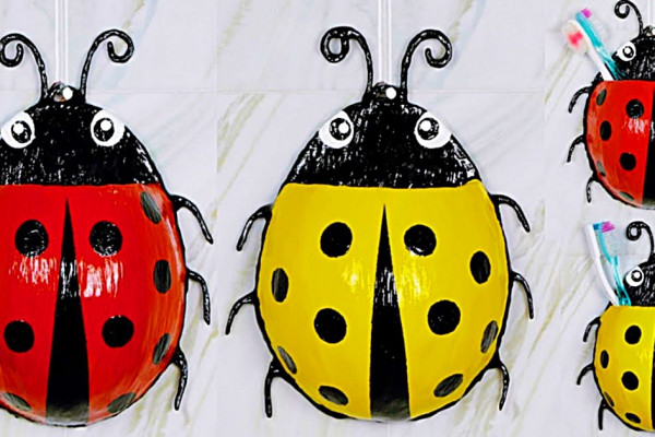 Paper mache ladybug toothbrush holder