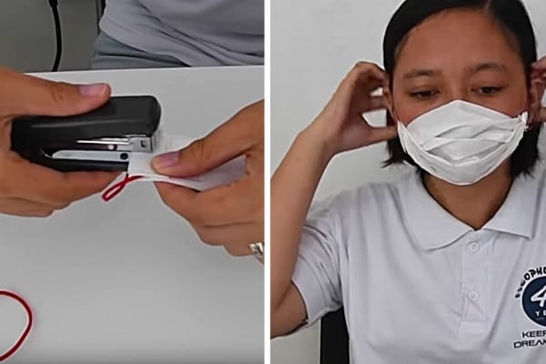 Make a facemask from a paper towel with staples and rubber bands