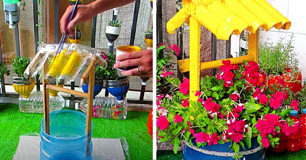 Make a cheap garden wishing well out of a recycled bottle