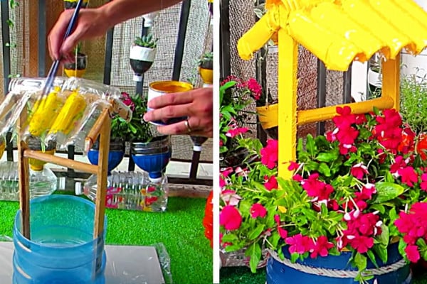 Make a cheap garden wishing well out of a recycled bottle