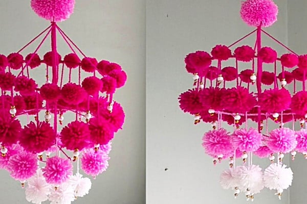 How to make a chandelier out of woolen yarn pom poms