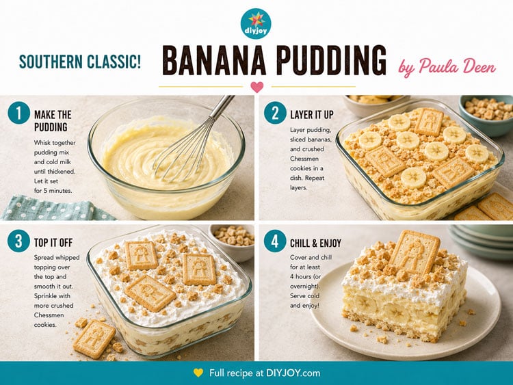 How to Make Banana Pudding - four step photos showing pudding whisked with milk, layered with sliced bananas and Chessmen cookies, topped with whipped topping, then chilled