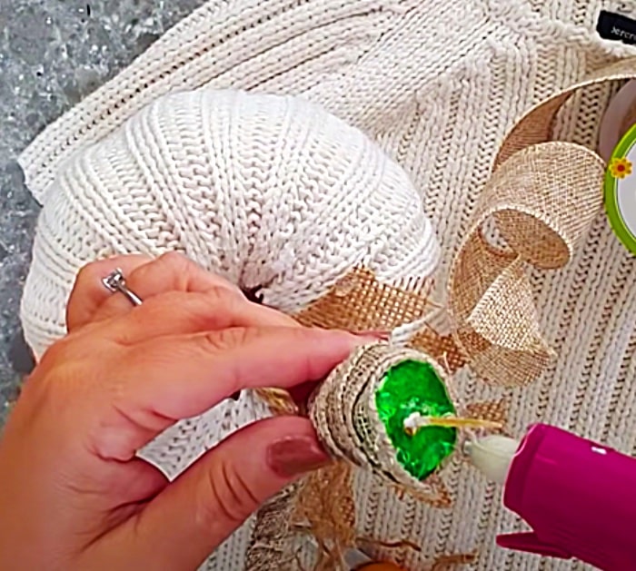 Burlap Ribbon Detail For A Sweater Pumpkin - Dollar Tree DIY - Cheap Fall Decor