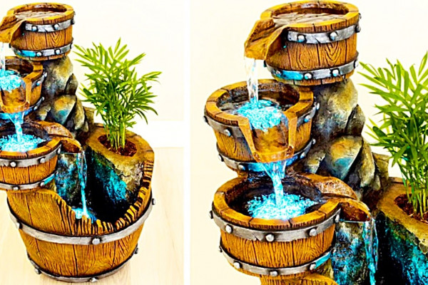 How To Make A Cascading Barrel Waterfall - Homemade Waterfall - Outdoor Water Feature