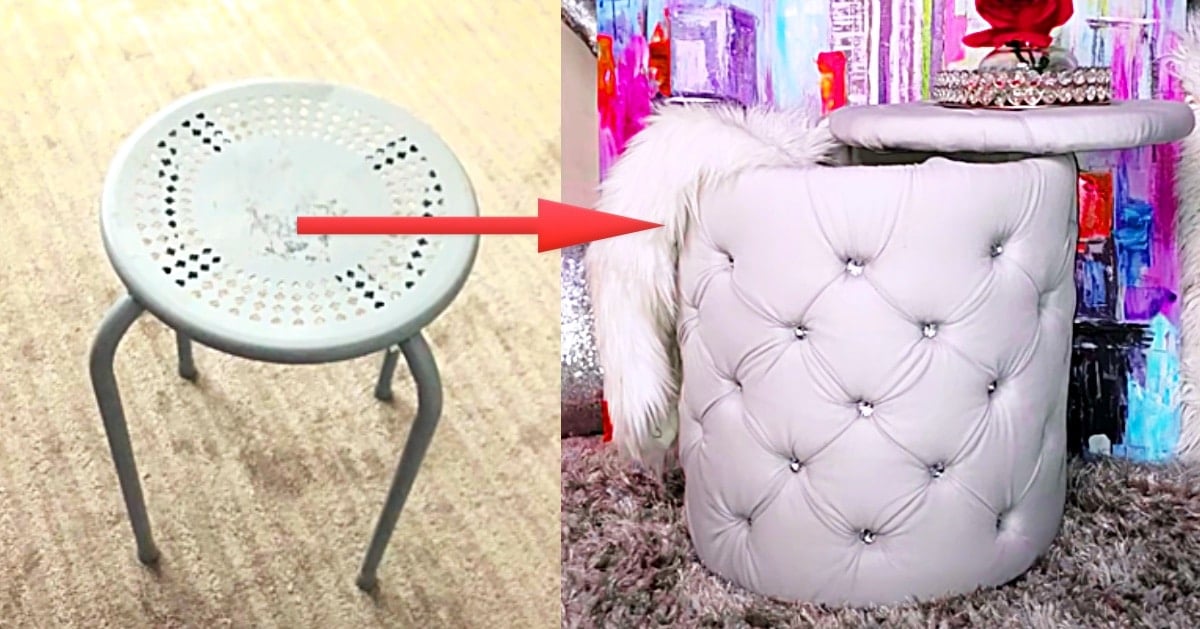 Turn An Old Stool Into A Tufted Ottoman With Storage | DIY Joy Projects and Crafts Ideas