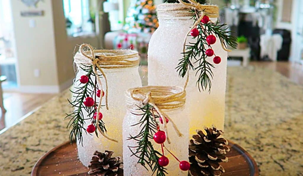 How To Make Snowy Mason Jar Candle Holders - Dollar Tree DIY Decor - Holiday Decor Ideas