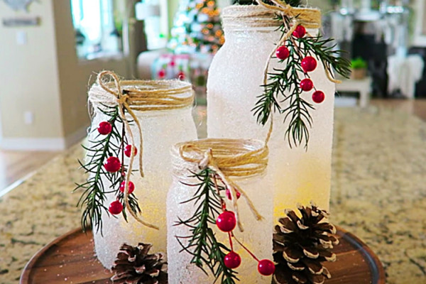 How To Make Snowy Mason Jar Candle Holders - Dollar Tree DIY Decor - Holiday Decor Ideas