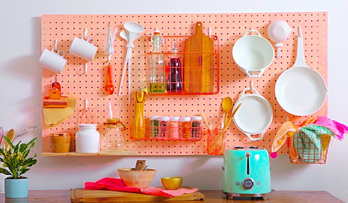 pegboard wall in kitchen