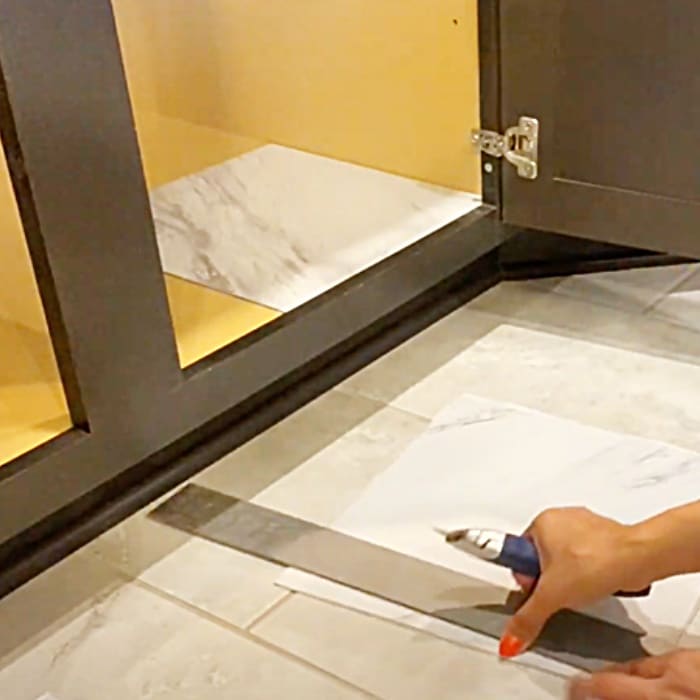 How To Measure And Cut Floor Tiles - Easy Floor Tile Hack - Floor Tile Cabinet Liners