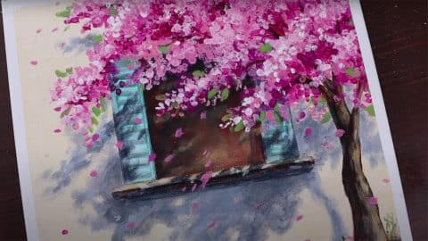 Cherry Blossom House Easy Acrylic Painting for Beginners | DIY Joy Projects and Crafts Ideas