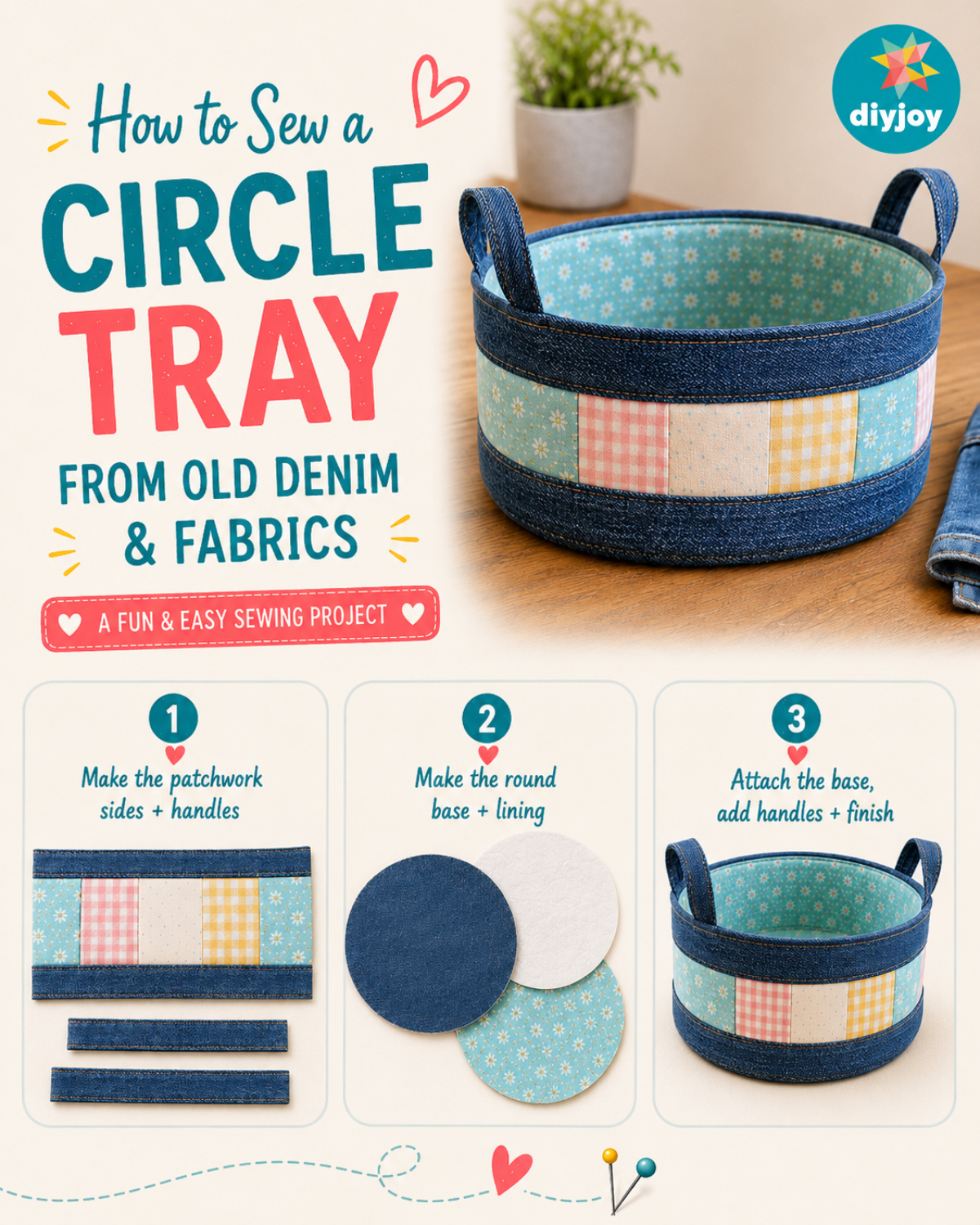 How to Sew a Circle Tray from old denim and fabrics