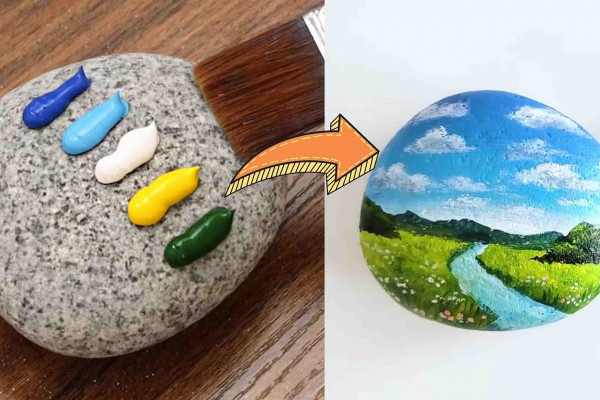 Step-by-step lake scenery acrylic painting on stone