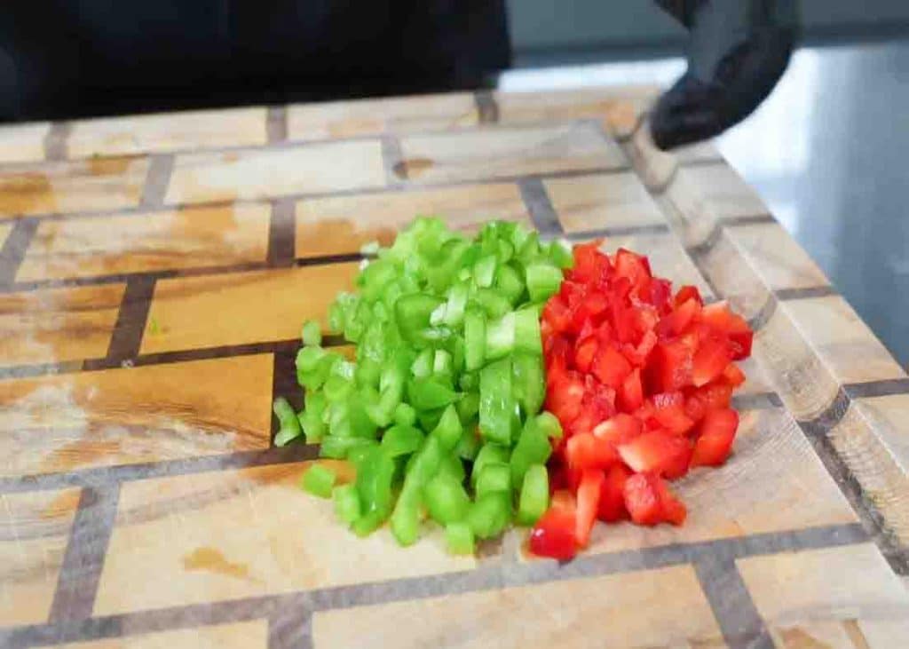 Chopping the veggies for the cheeseburger casserole