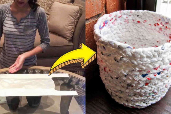 Recycled basket out from plastic bags