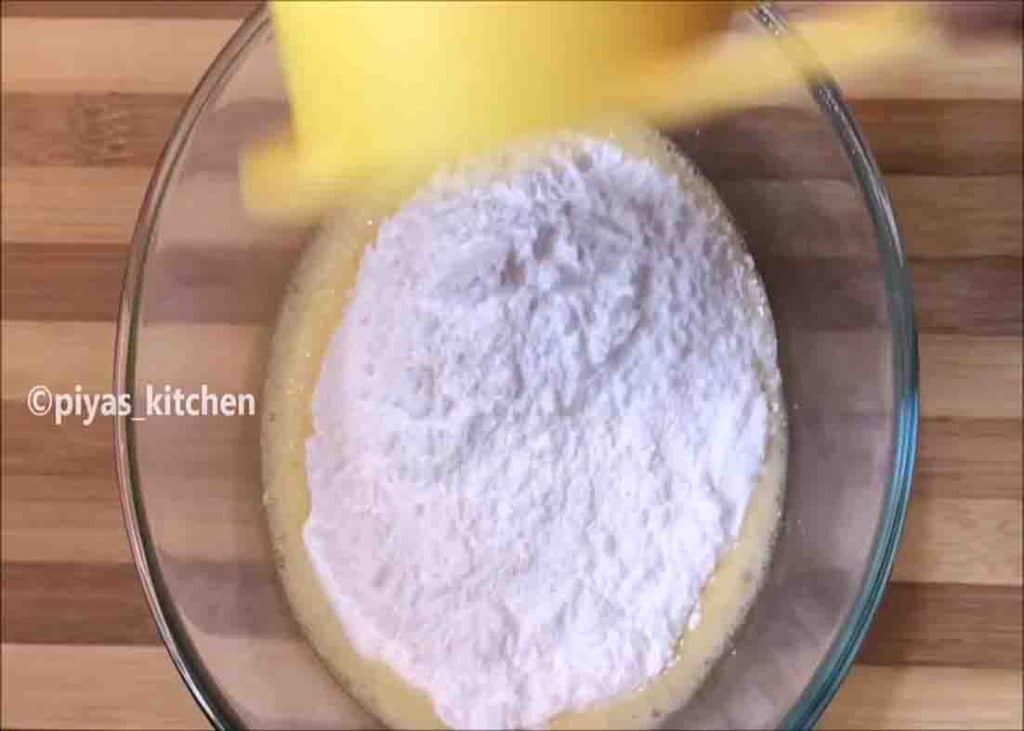 Mixing all the ingredients to make the batter for the vanilla sponge cake