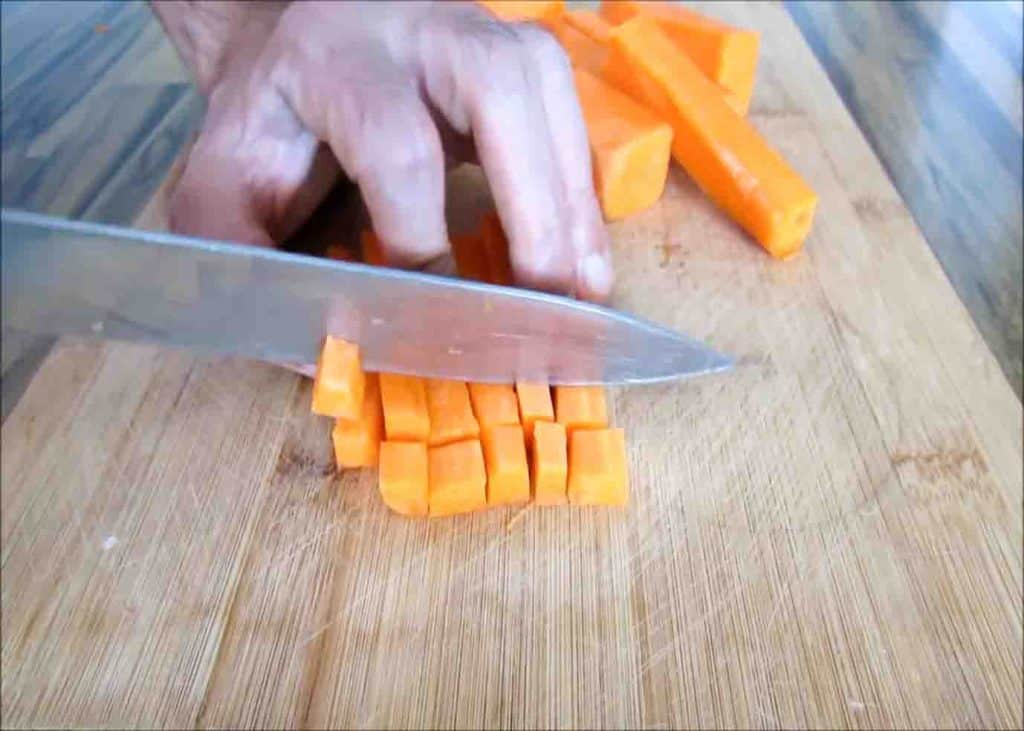 Dicing the carrots for the shepherd's pie