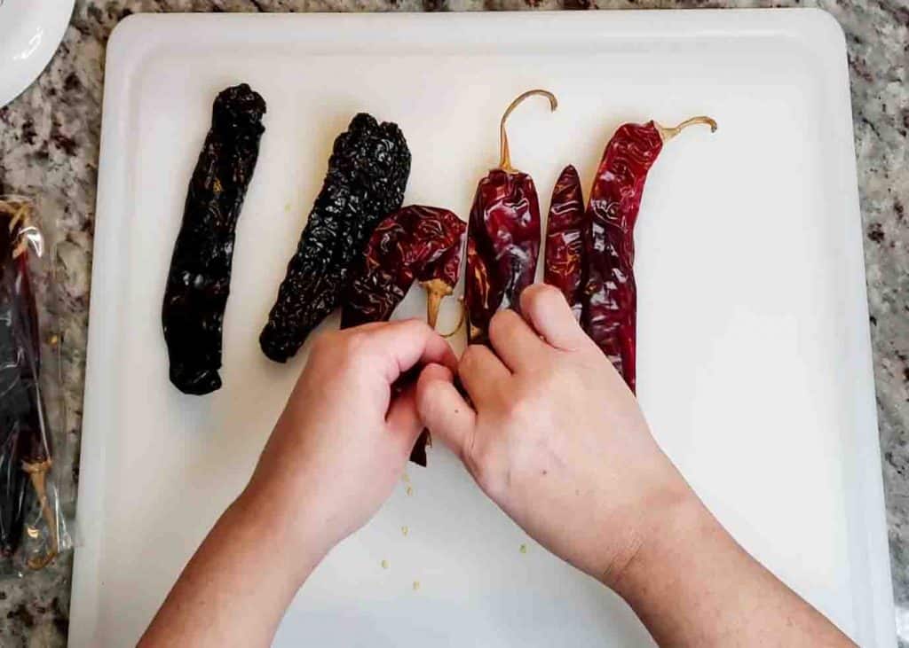 Prepping the chiles to make the chile puree for the chili con carne