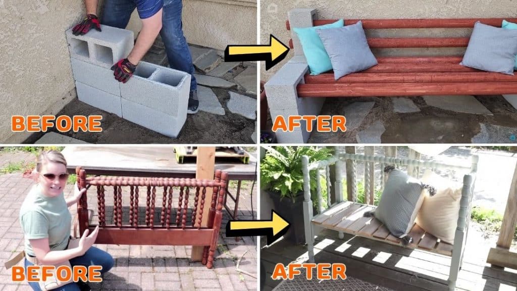 DIY Outdoor Bench Using Cinder Blocks & An Old Bed Frame