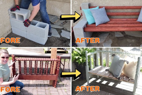 DIY Outdoor Bench Using Cinder Blocks & An Old Bed Frame