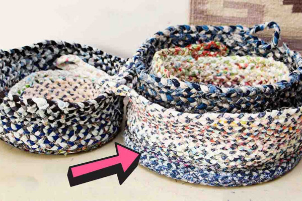 DIY braided basket from scrap fabrics and old clothing