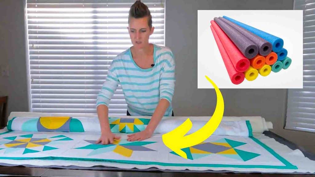Basting a quilt using pool noodles