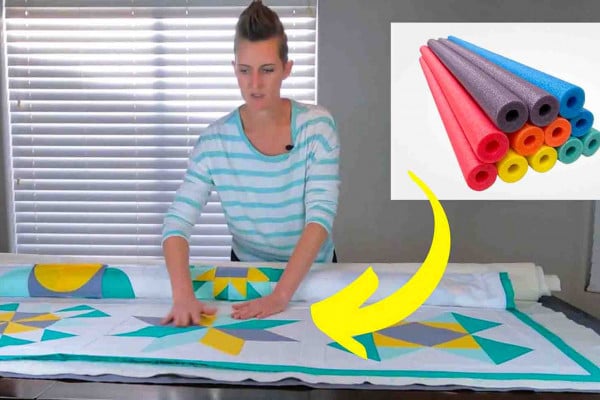 Basting a quilt using pool noodles