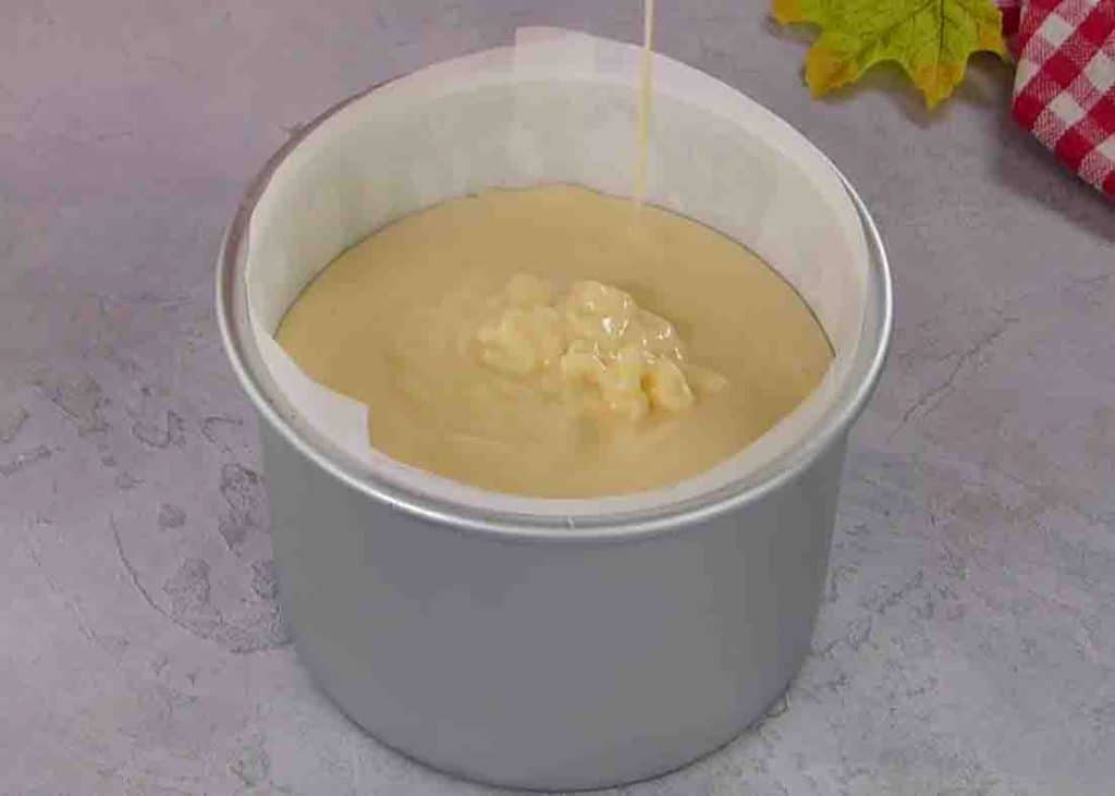 Adding the sponge cake batter to the cake pan