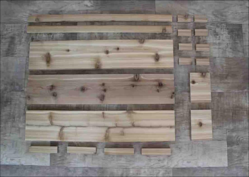 The wood pieces needed for the DIY planter box