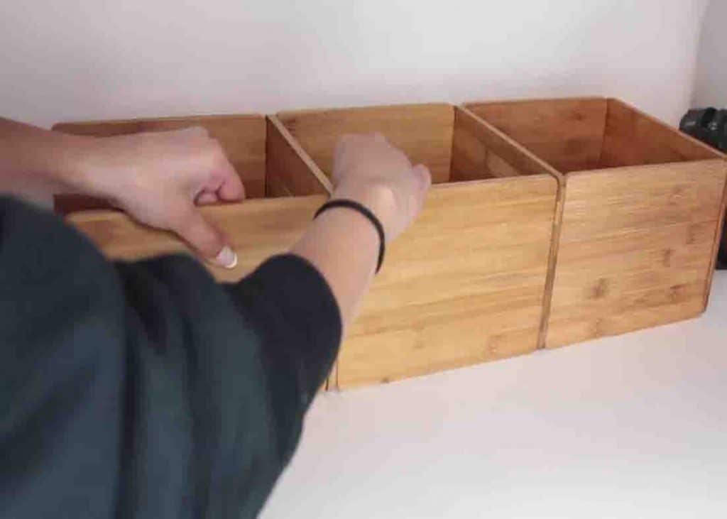 Attaching the bamboo cutting boards to make the cube organizer