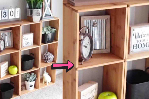 DIY wooden cube organizer using Dollar Tree bamboo cutting boards