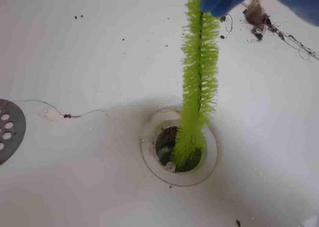 Brushing the shower drain to remove left debris