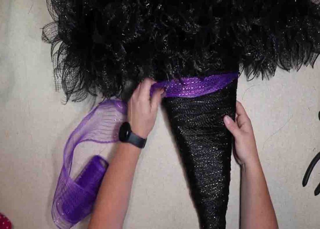 Adding purple mesh to the witch hat wreath