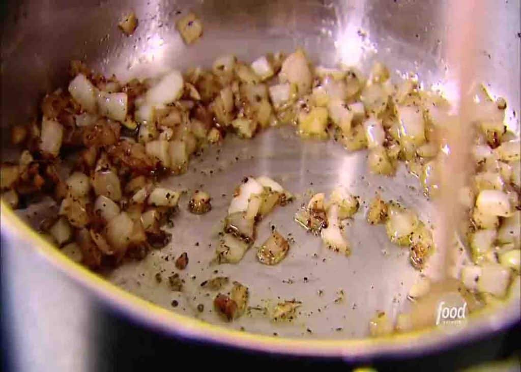 Cooking the onion and garlic for the 5-star split pea soup recipe