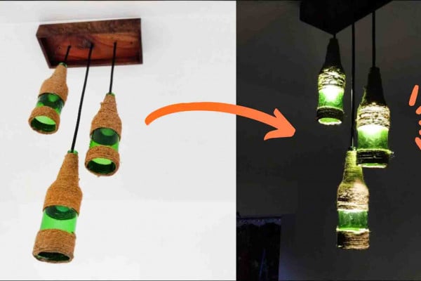 DIY hanging lamp using wine bottles