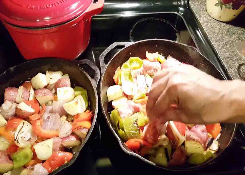 Adding the sausage to the pan
