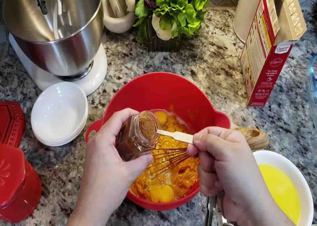 Combine all the ingredients of the pumpkin dump cake in a large bowl