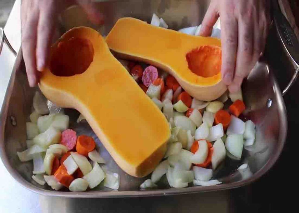 Roasting the veggies for the butternut squash soup recipe