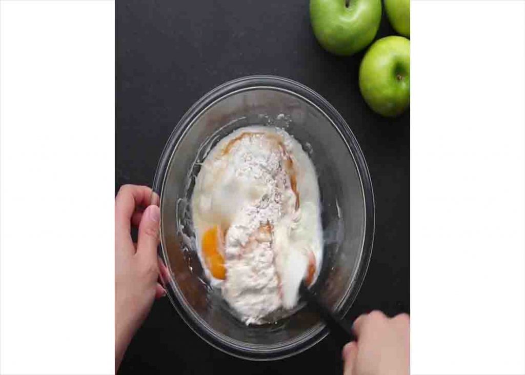 Mixing the ingredients for the caramel apple upside-down cake 