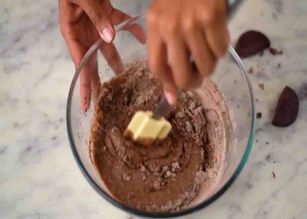 Combining the ingredients to make the hot fudge cake