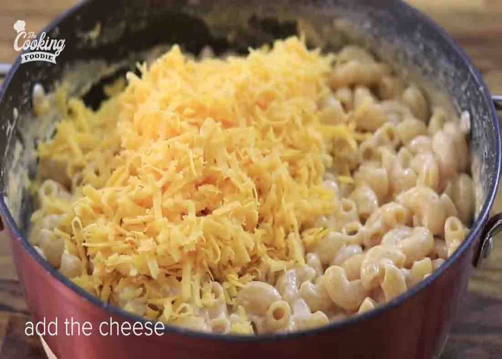 Adding the cheese to the 3-ingredient mac and cheese