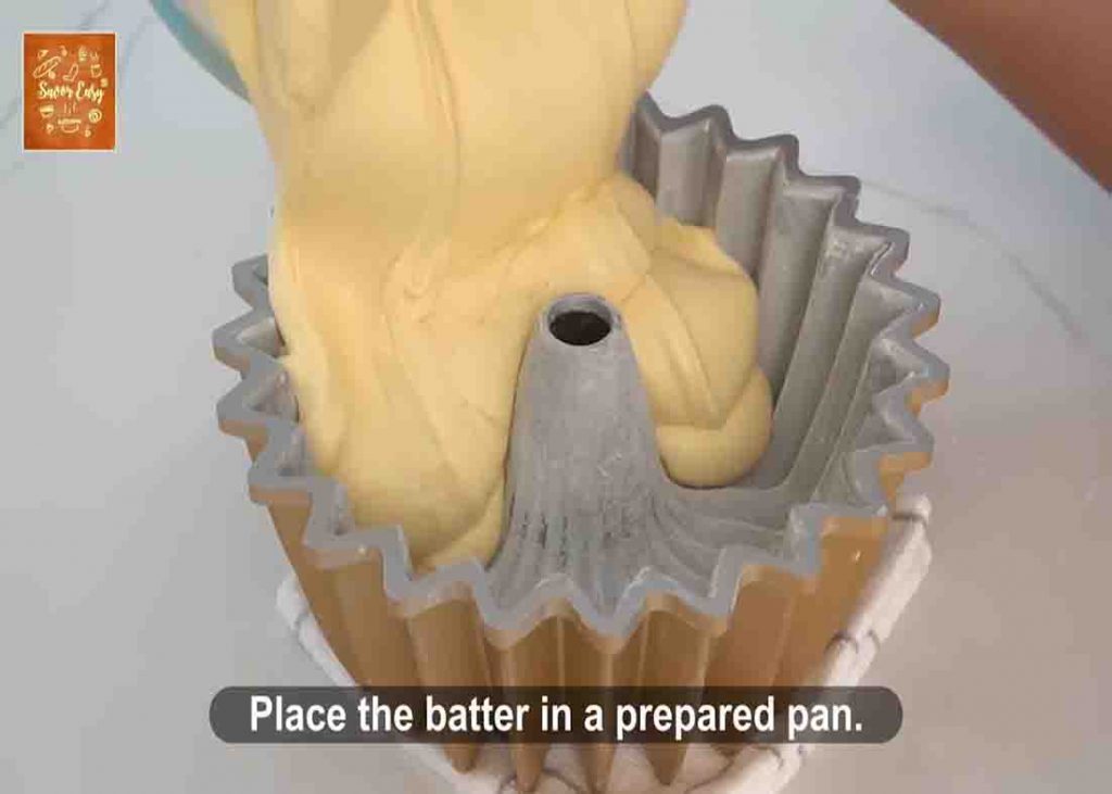 Pouring the bundt cake batter to the pan