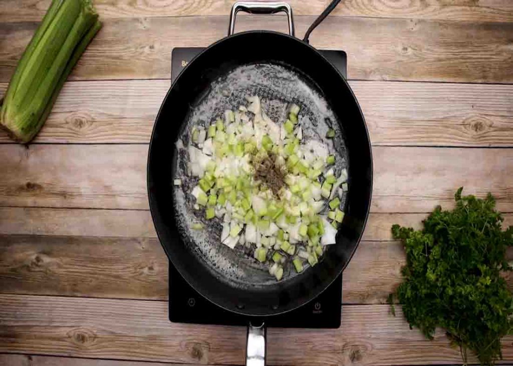 Sauteing the onion and celery for the tuna noodle casserole