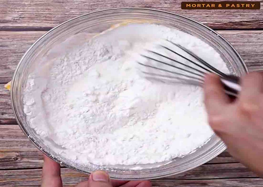 Mixing the flour mixture for the vanilla muffins