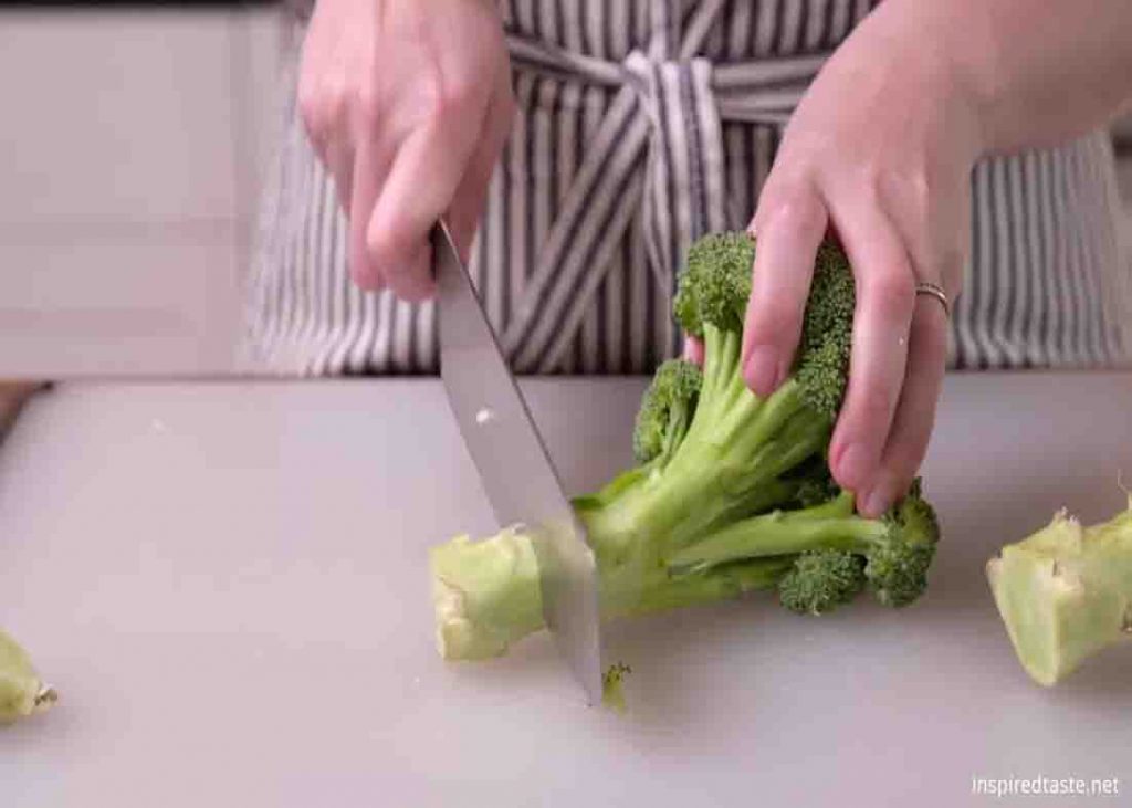Chopping the broccoli for the broccoli salad with bacon