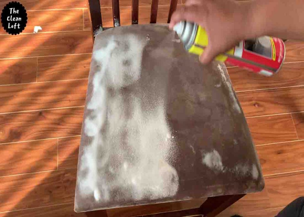 Spraying the product to the dirty upholstery at home